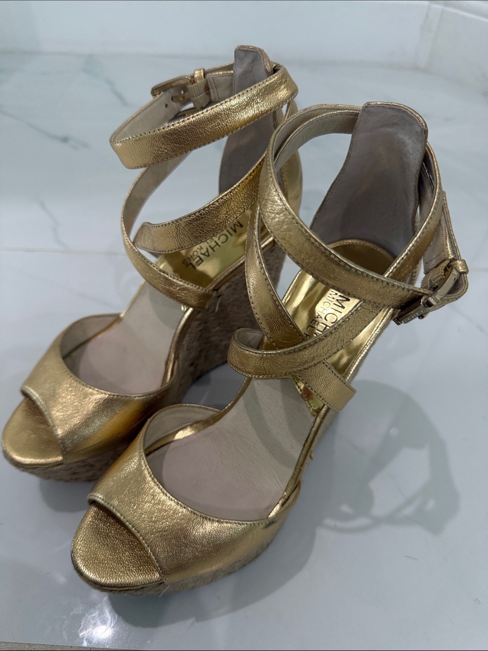 Michael Kors Metallic Gold Strappy Wedge Sandals size 6.5